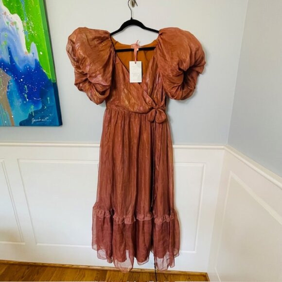 JessaKae Pixie Dress Puff Sleeve Ruffled Gown Bronze NWT Medium NEW - Picture 3 of 9